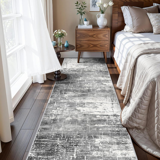 Skiennix Washable Kitchen Area Rug - Non-Slip, Water-Resistant Soft Carpet | 2x5 ft, Black/Grey