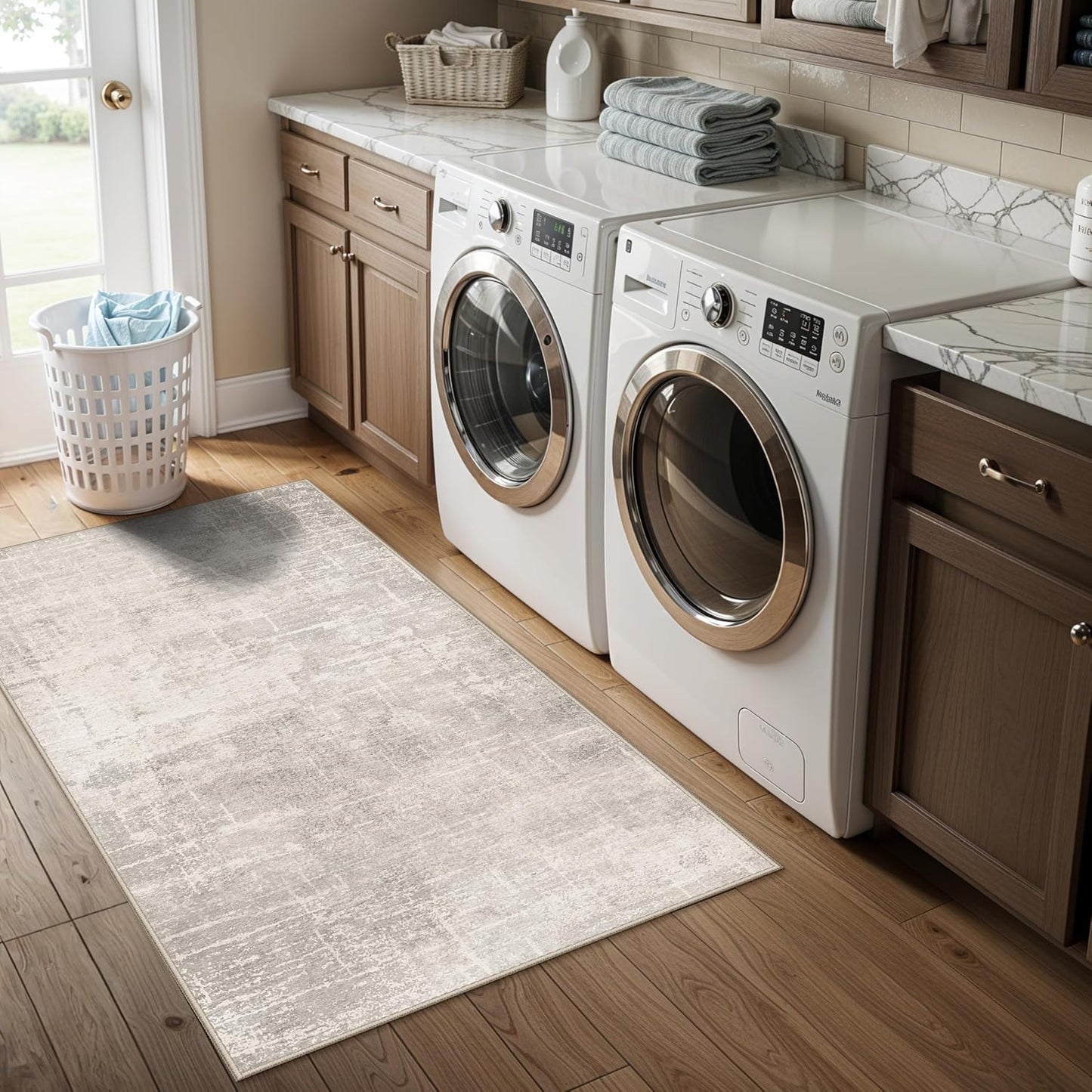 Skiennix Washable Area Rug - Abstract Water-Resistant Non-Slip Doormat | Ultra Soft 2x4 Beige/Cream