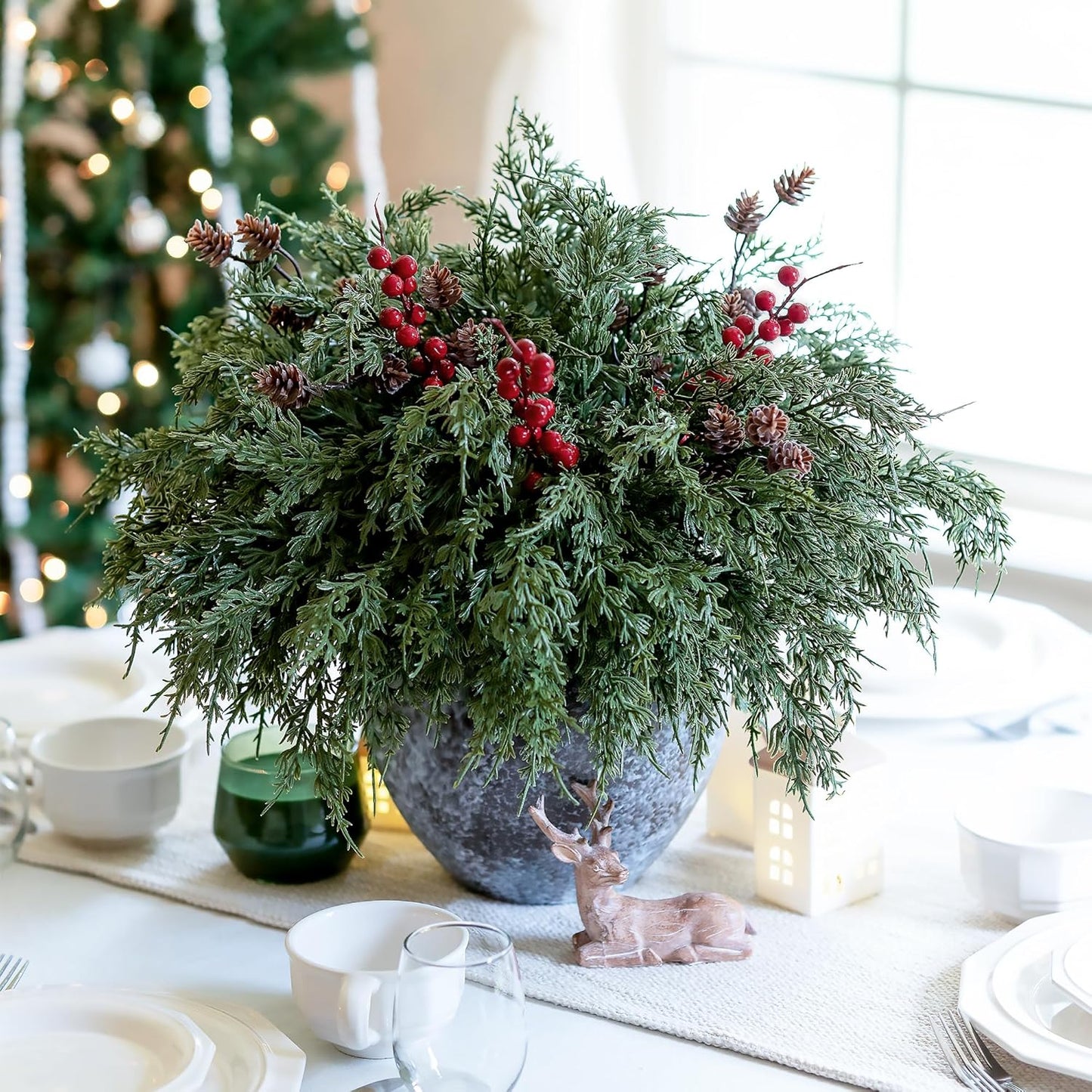 Skiennix Faux Cedar Stems - 17 PCS Artificial Norfolk Pine Branches with Pinecones & Red Berries for Christmas Decor