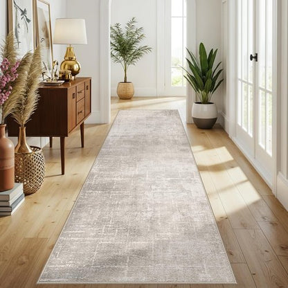 Abstract Kitchen Rug Runners - Washable Non-Slip 10ft Area Rug for Hallway & Entryway | Soft Beige/Cream