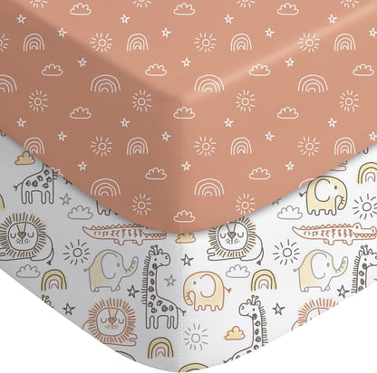 Yoofoss Baby Crib Sheets - Ultra Soft 2-Pack Fitted Sheets for Standard Crib & Toddler Mattress | Neutral Animal Design 52x28