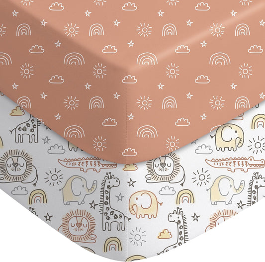 Yoofoss Baby Crib Sheets - Ultra Soft 2-Pack Fitted Sheets for Standard Crib & Toddler Mattress | Neutral Animal Design 52x28