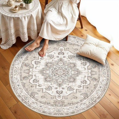 6ft Washable Kitchen Round Rug: Non-Slip Circle Area Rug for Living Room Dining Room Under Table Low Pile Soft Circular Carpet Water Resistant Durable Mat for Newlywed Cozy Home Decor(6ft-Round,Beige)