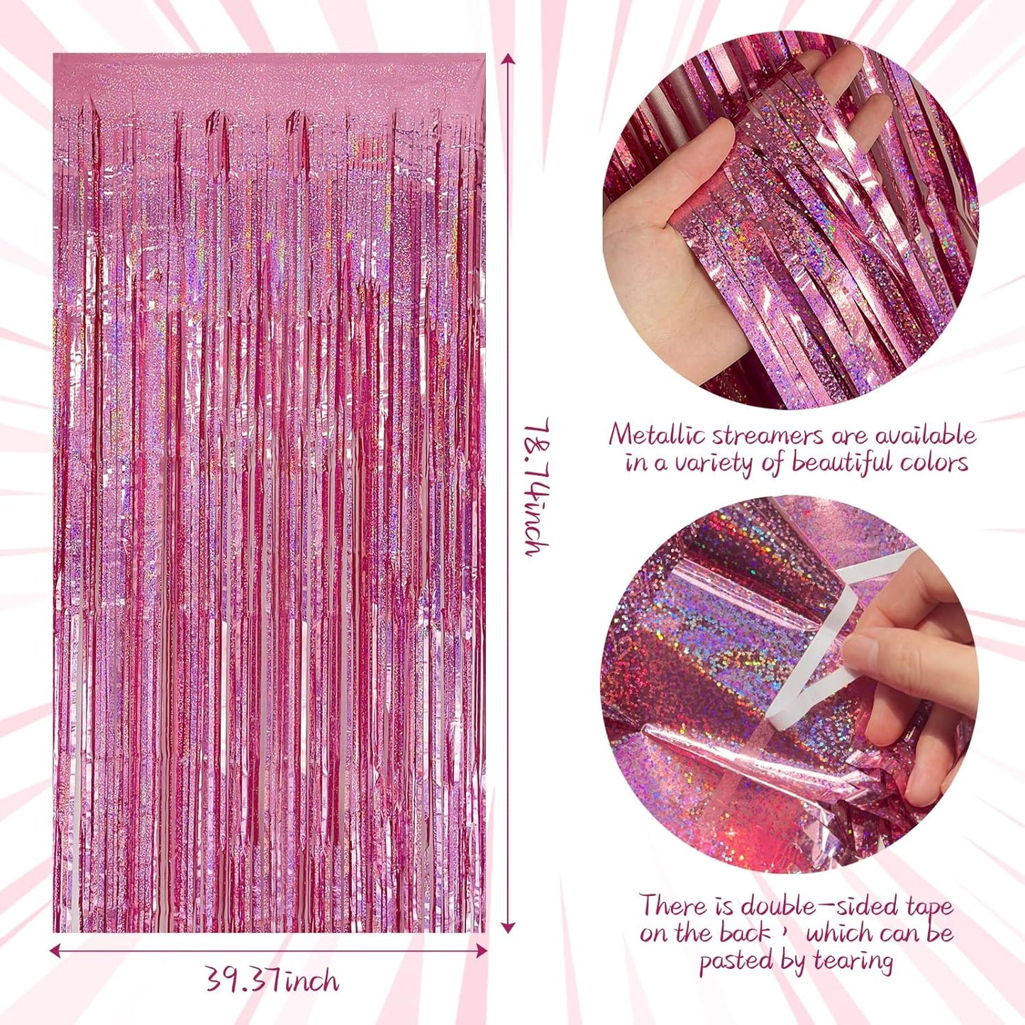 Skiennix Tinsel Curtain | Pink Glitter Foil Fringe Backdrop | 5-Pack Party Decor for Events