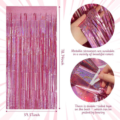Skiennix Tinsel Curtain Backdrop - Pink Glitter Foil Fringe for Birthday, Wedding & Party Decor | 10 Packs