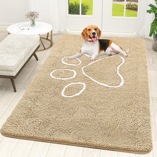 OLANLY Dog Door Mat for Muddy Paws 59x35, Paw Print Design, Absorbs Moisture and Dirt, Absorbent Non-Slip Washable Doormat, Quick Dry Chenille Mud Mat for Dogs, Entry Indoor Entryway Carpet, Beige
