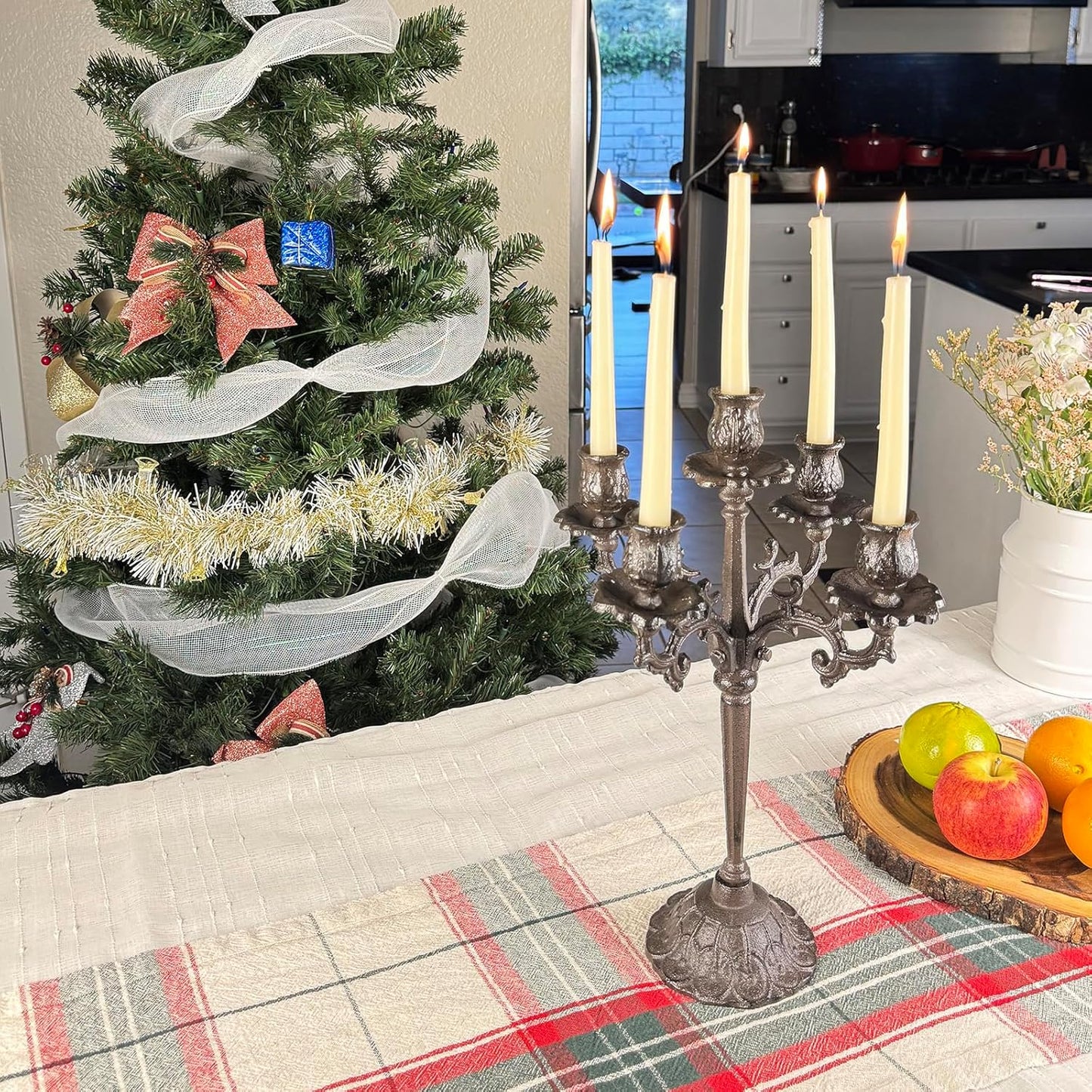 Antique Rust Brown Cast Iron Candelabra - 5-Arm Vintage Floral Candle Holder | 17" Tall Rustic Centerpiece