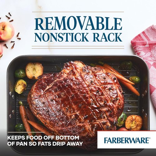 Farberware Nonstick Steel Roaster - 11-Inch x 15-Inch with Flat Rack | Durable Gray Bakeware