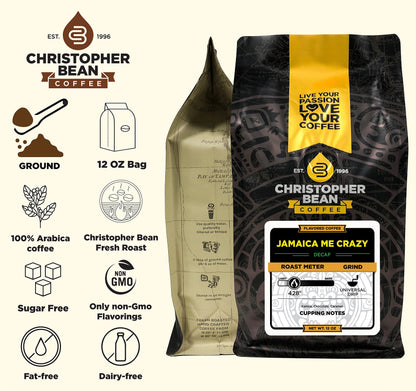 Christopher Bean Coffee - Jamaica Me Crazy Flavored Coffee, (Decaf Ground) 100% Arabica, No Sugar, No Fats, Made with Non-GMO Flavorings, 12-Ounce Bag of Decaf Ground coffee