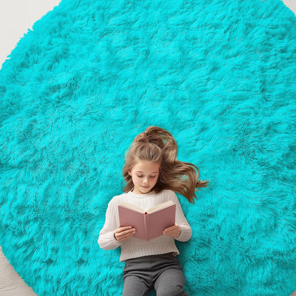 OLANLY Teal Blue Round Rug - Soft, Fluffy 8 ft Circle Area Rug for Bedroom & Living Room Decor