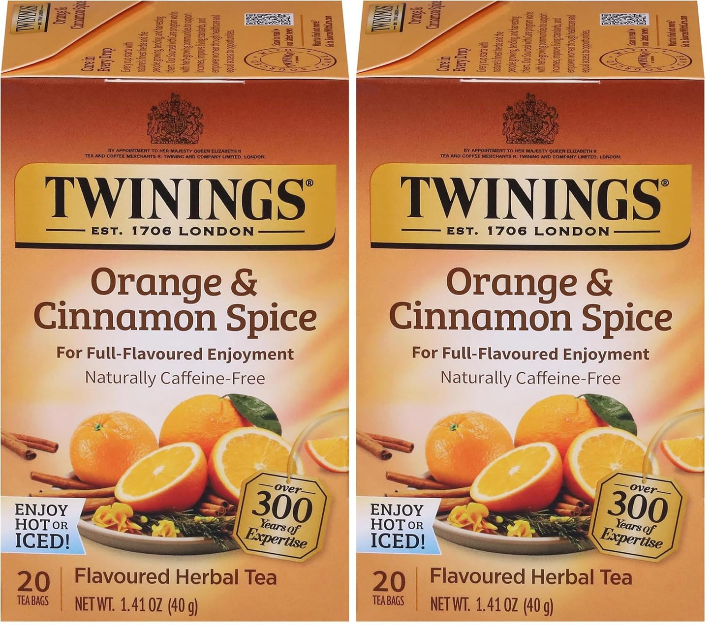 Twinings Herbal Tea - Orange & Cinnamon Spice, Naturally Caffeine-Free, 20 Individually Wrapped Bags (Pack of 2)