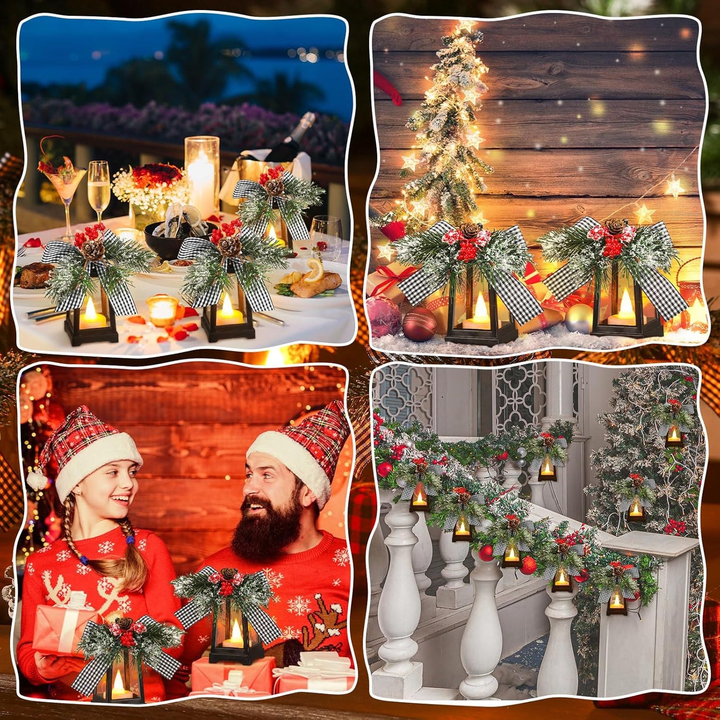 Regine Switzerland Set of 6 Christmas Mini Lanterns - Flickering LED Flameless Candle Decor | Black and White Bow