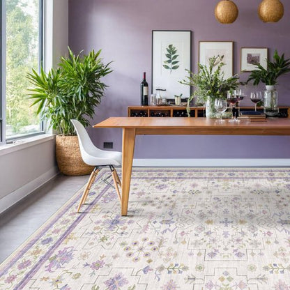 8x10 Large Lavender Rug for Bedroom, Floral Area Rug for Living Room, Dinning Room Under Table, Cute Fantasy Décor, Non Slip Low Pile Stain Resistant Washable Foldable Carpet