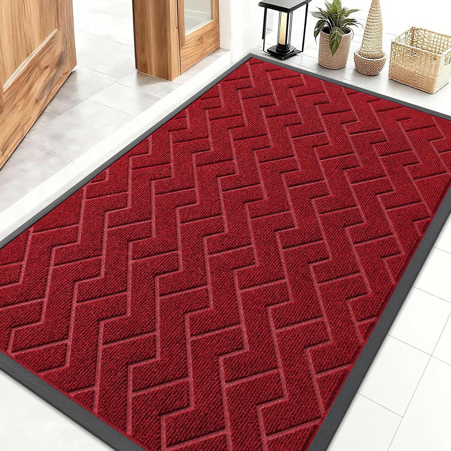 OLANLY Waterproof Front Door Mat - All-Season Indoor/Outdoor Doormat | Sturdy Natural Rubber, Herringbone Brick (Wine Red, 47x32)