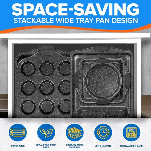 Emporio Kitchen Nonstick Baking Pan Set - Carbon Steel Bakeware with Red Silicone Handles | Oven Safe Up to 450°F, Set of 6 - Black