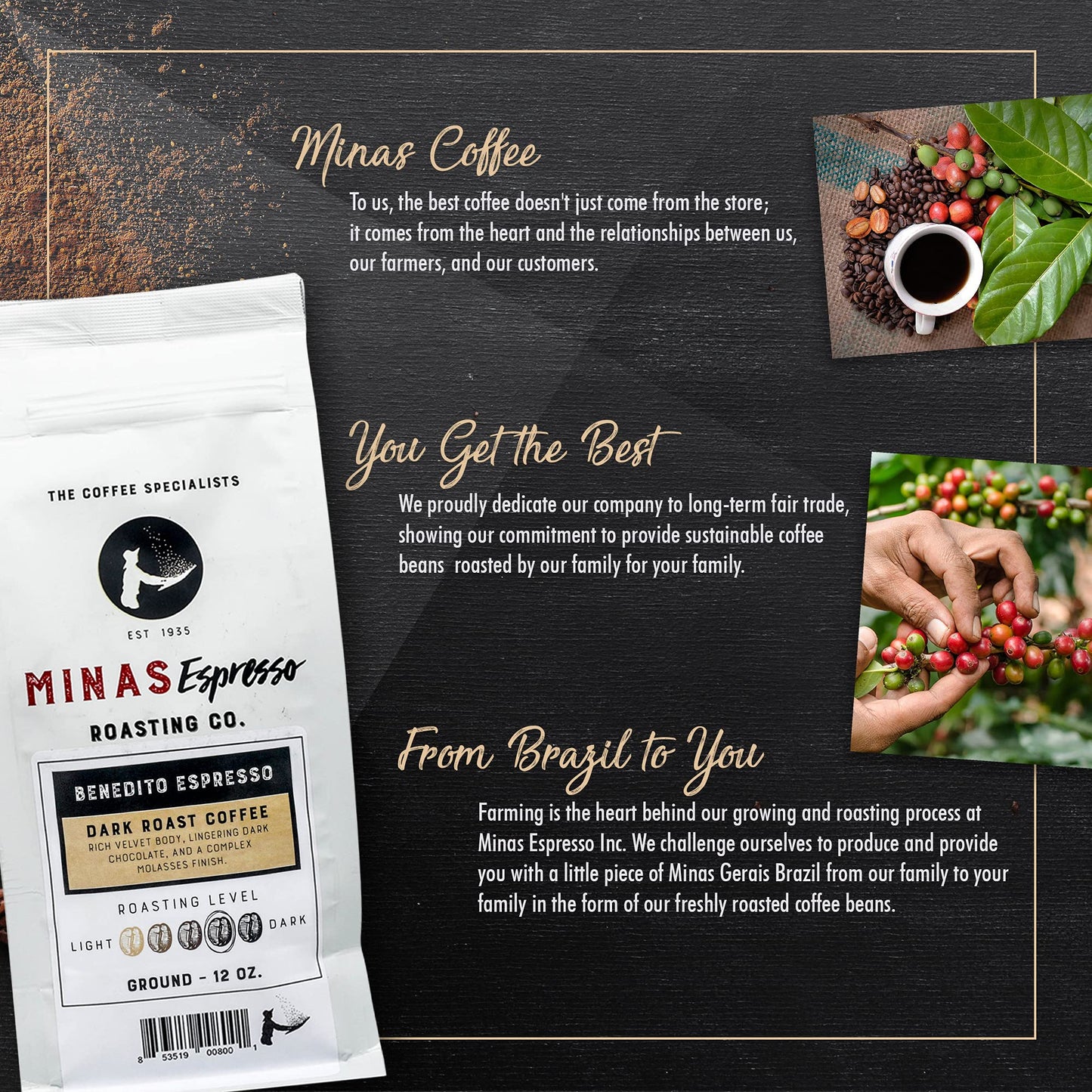 Minas Espresso – Benedito Espresso – Dark Roast Ground Coffee Single Origin Imported Brazilian Coffee – Direct Trade – 12oz Bag