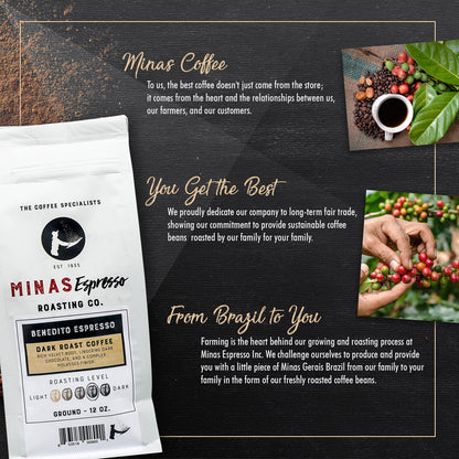 Minas Espresso – Benedito Espresso – Dark Roast Ground Coffee Single Origin Imported Brazilian Coffee – Direct Trade – 12oz Bag