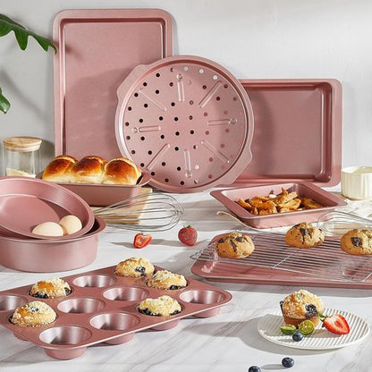 HONGBAKE Nonstick Bakeware Set - 10-Piece Kitchen Pans with Wider Grips | Includes Rack, Cookie Sheet, Cake Pans, Muffin Pan, Pizza Pan - Pink