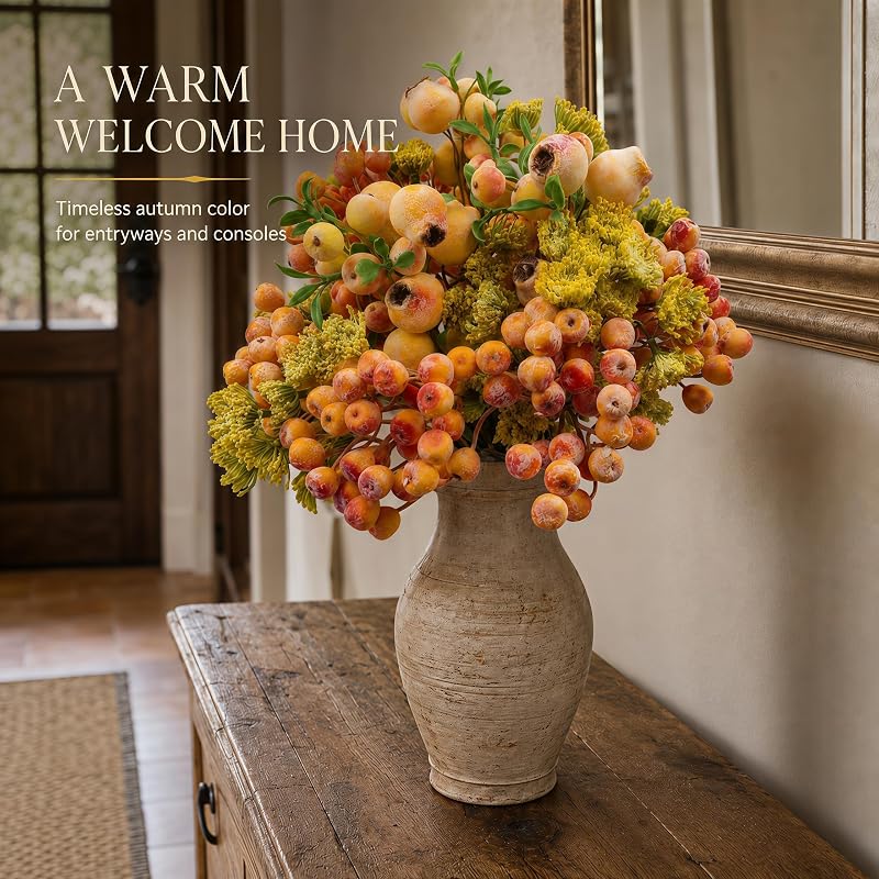 Artificial Berry Stems with Eucalyptus & Blueberries - 3 Bunches, 13in Each - Yellow Variation