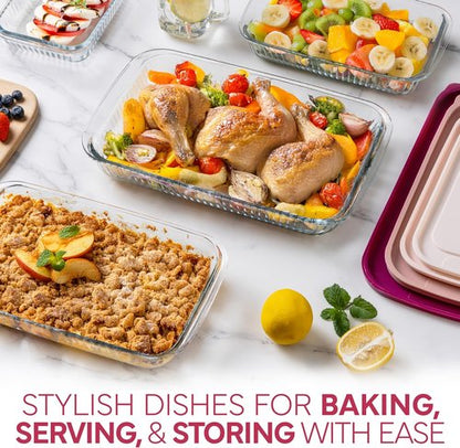 Cook With Color 8-Piece Deep Glass Baking Dish Set - Versatile Casserole & Food Storage Containers | Freezer-to-Oven, Microwave & Dishwasher Safe, Fluted Rose