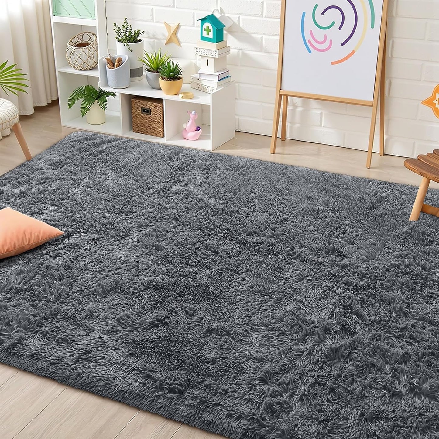 OLANLY Area Rug - Soft Fluffy Shaggy Design for Living Room & Bedroom | Machine Washable 4x5.9 ft Light Grey