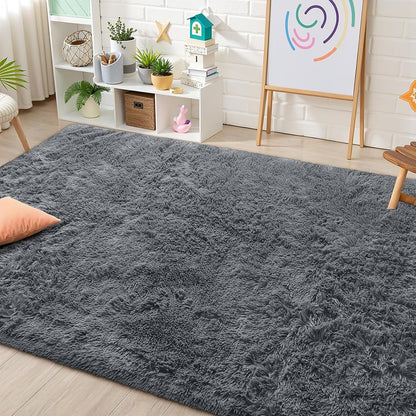OLANLY Area Rug - Soft Fluffy Shaggy Design for Living Room & Bedroom | Machine Washable 4x5.9 ft Light Grey