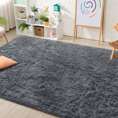 OLANLY Area Rugs for Living Room Bedroom, Machine Washable 4x5.9 ft Soft Fluffy Shaggy Bedside Rug, Indoor Floor Carpet for Kids Girls and Boys, Dorms, Nursery Rooms, Home Decor Aesthetic, Light Grey