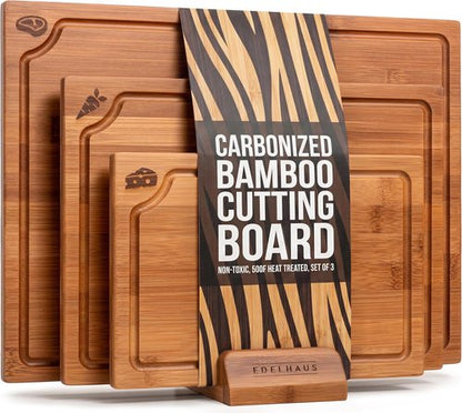Carbonized Bamboo Cutting Boards - Set of 3 Heat Treated Chopping Boards with Juice Groove & Stand