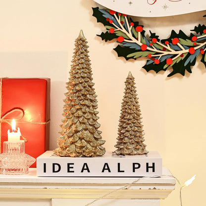 AOMOONOA Gold Christmas Tree Figurines - 2Pcs Resin Glitter Tabletop Decor | Small Xmas Trees Set