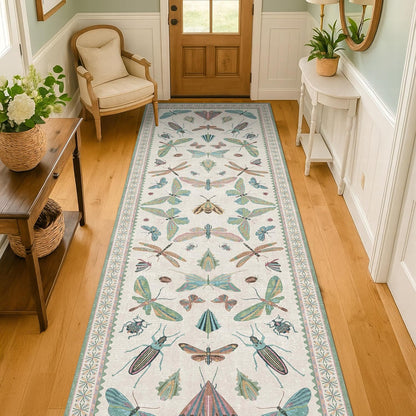 Skiennix Insect Print Hallway Runner Rug - 2'6" x 8' Light Green, Washable Non-Slip Design