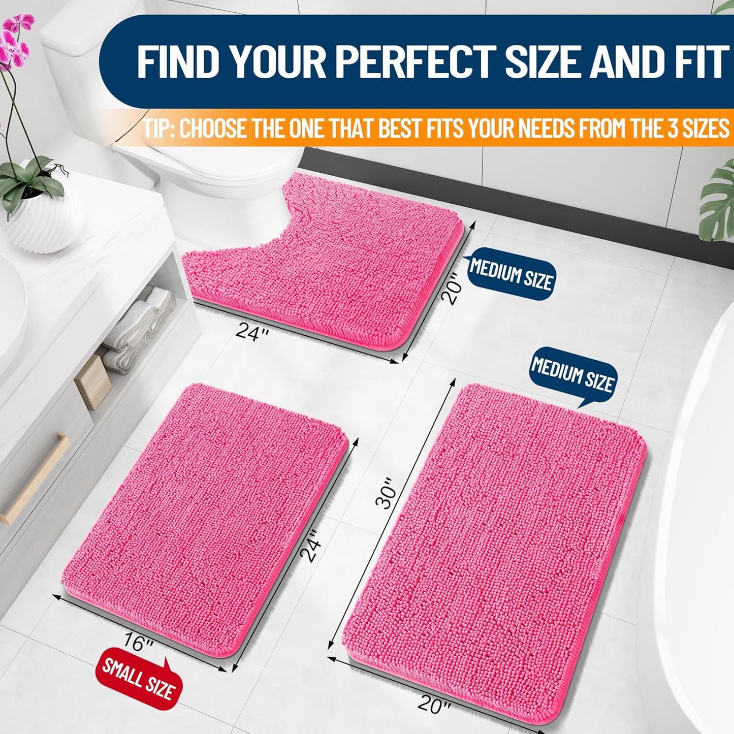 OLANLY U-Shaped Toilet Rug - Extra Soft Chenille, Quick-Dry, Non-Slip Bath Mat | 24x20, Hot Pink