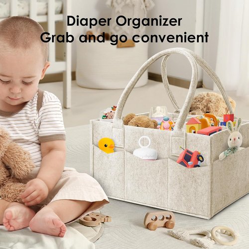 HIPHOP PANDA Diaper Caddy Organizer - Sturdy Portable Storage Bin for Newborn Essentials - Grey/Oatmeal 2-Pack