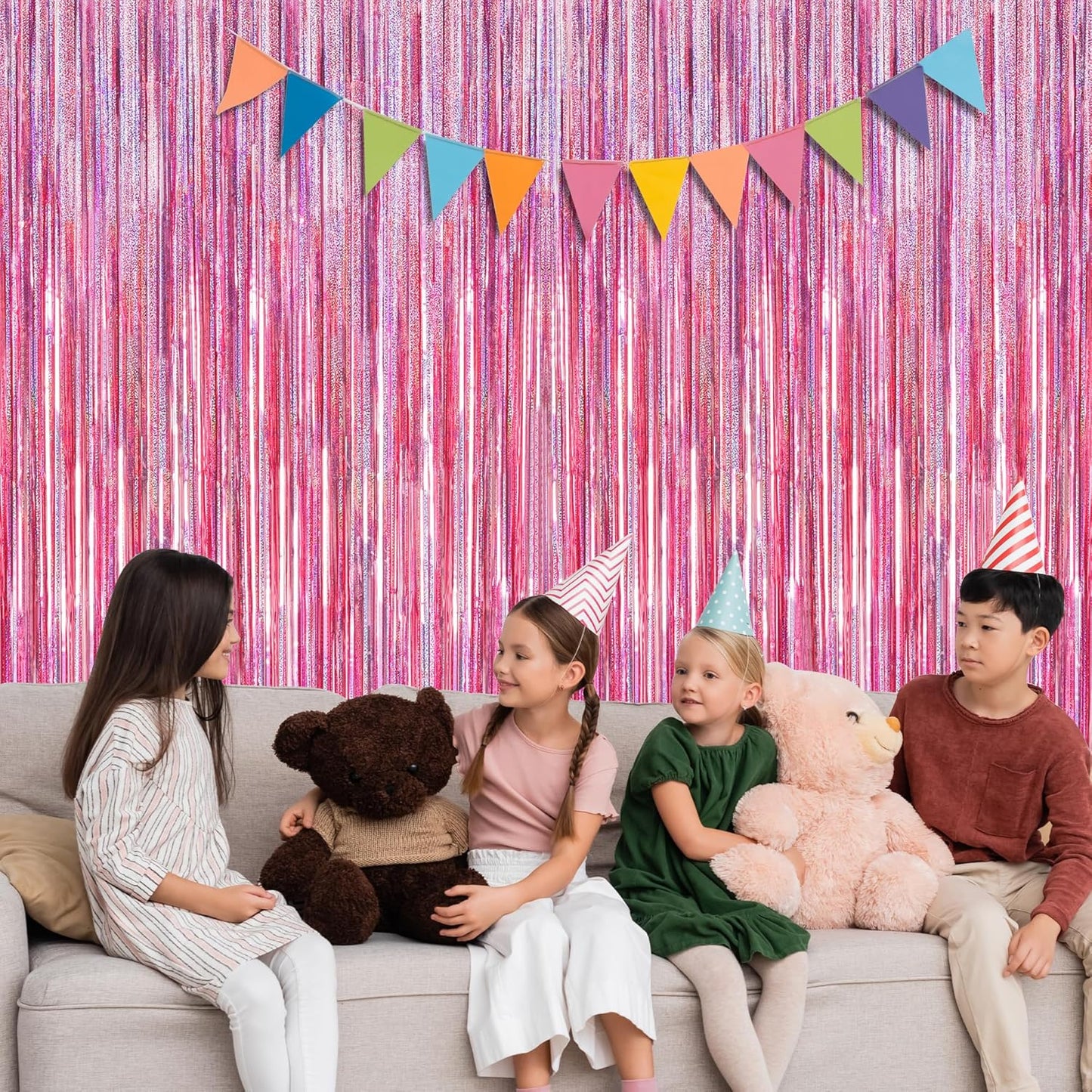Skiennix Pink Backdrop - 12 Pack Metallic Glitter Tinsel Fringe Curtains | 3.28 FT x 7.05 FT Party Decor