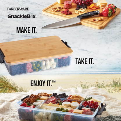 Farberware Build-a-Board Snacklebox with Locking Bamboo Cutting Board Lid, Portable Charcuterie Storage with Compartments,Make it. Take it. Enjoy it., 11x16-Inch, Natural