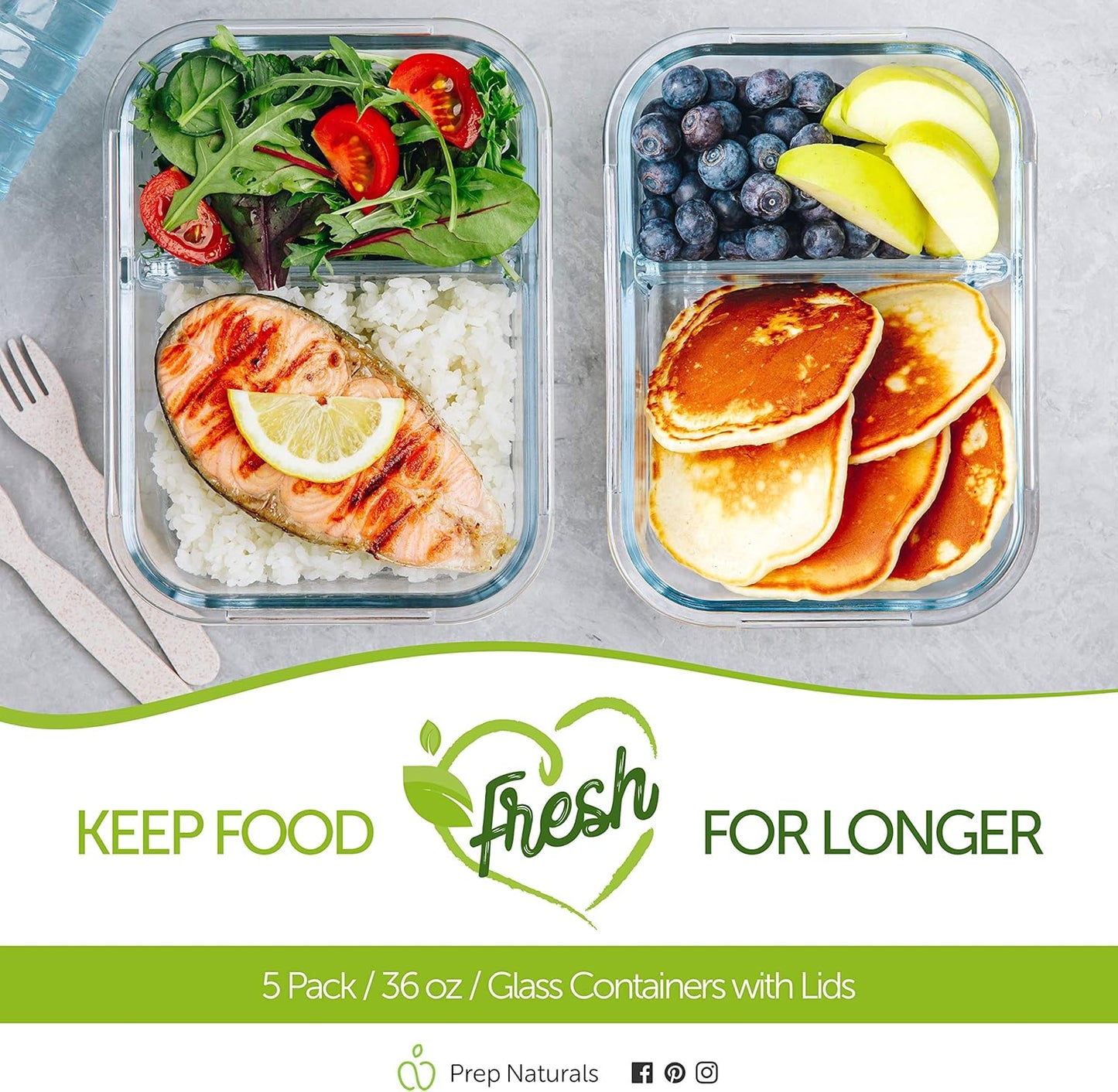 Prep Naturals Glass Meal Prep Containers - Airtight 36oz Food Storage Bowls | Dishwasher & Microwave Safe - Pack of 5, 2-Compartment Clear