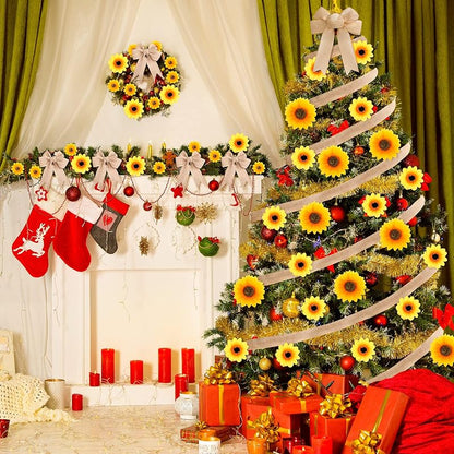 Sunflower Christmas Tree Decoration Kit - 62 Pcs with Ribbons, 4 Sizes