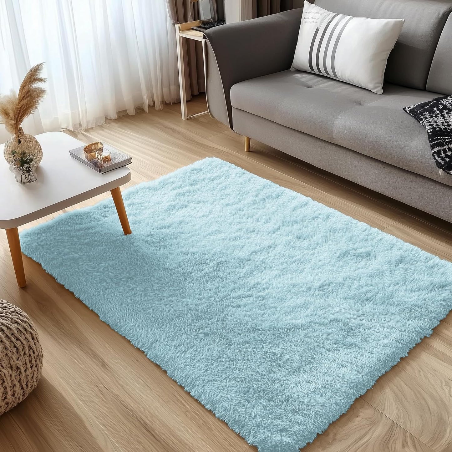 OLANLY 3x5 Soft Fluffy Shaggy Rug - Machine Washable Indoor Carpet for Kids & Nursery | Light Blue