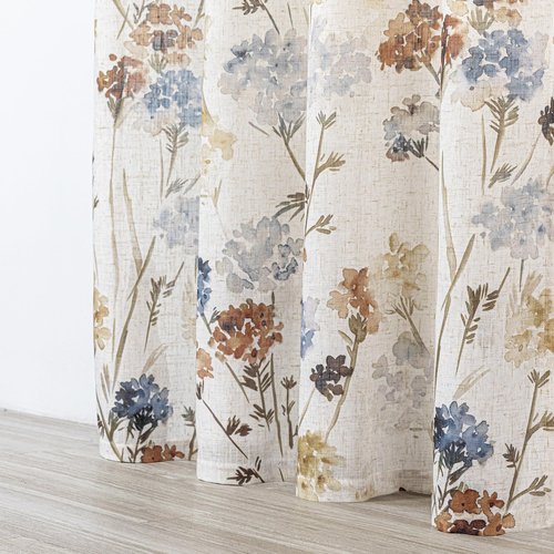 MYSKY HOME Floral Linen Curtains 84 inch Length 2 Panels Set Spring Flower Patterned Semi Sheer Light Filtering Privacy Farmhouse Grommet Drapes for Living/Dining Room, Yellow, W52 x L84, Pack-2
