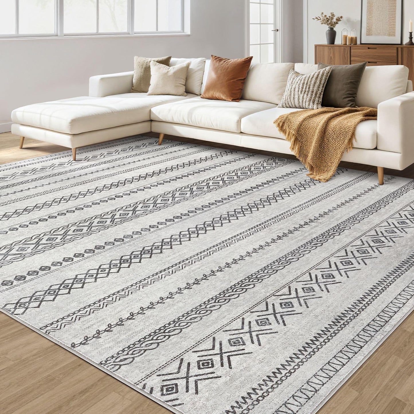 Living Room Rug 8x10 Area Rug: Machine Washable Large Boho Rug Moroccan Farmhouse Neutral Soft Rug Non Slip Indoor Carpet for Bedroom Dining Room Home Office Decor - Grey