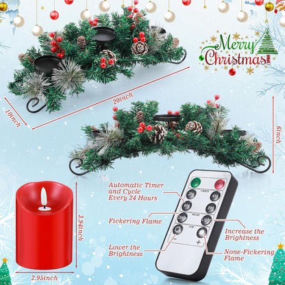 Mudder Christmas Table Centerpiece Set - 20" Steel Base with 3 Flameless LED Candles & Red Berry Decor