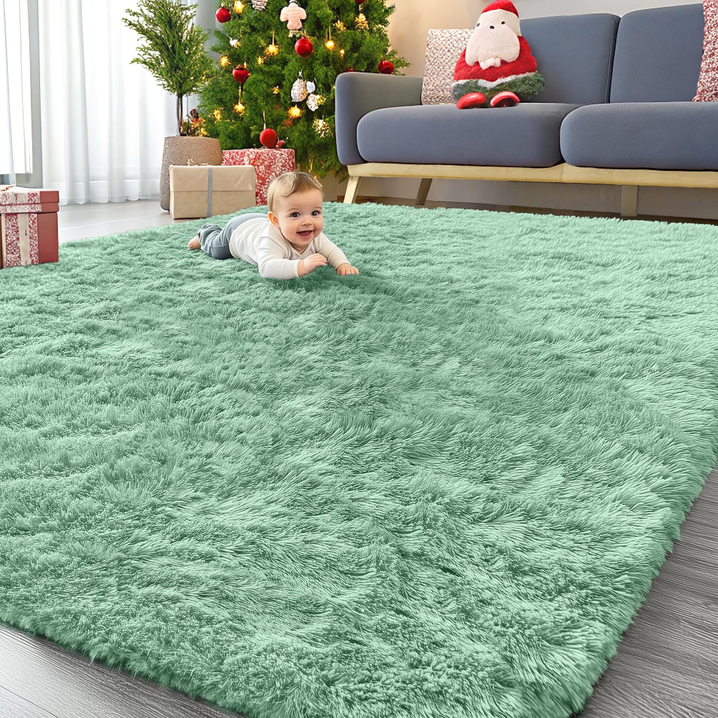 OLANLY 9x12 Machine Washable Large Area Rugs for Living Room, Bedroom, Soft Fluffy Shaggy Bedside Rug, Indoor Floor Carpet for Kids Girls and Boys, Dorms, Nursery, Home Decor Aesthetic, Mint Green