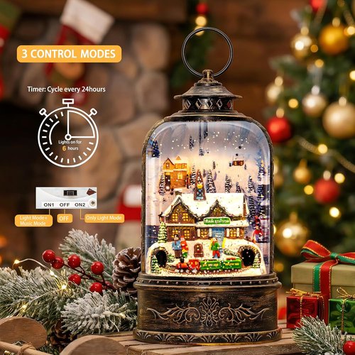 Christmas Village Snow Globe - Musical Water Lantern with Train Station Scene | Battery Operated & USB Powered Holiday Decoration