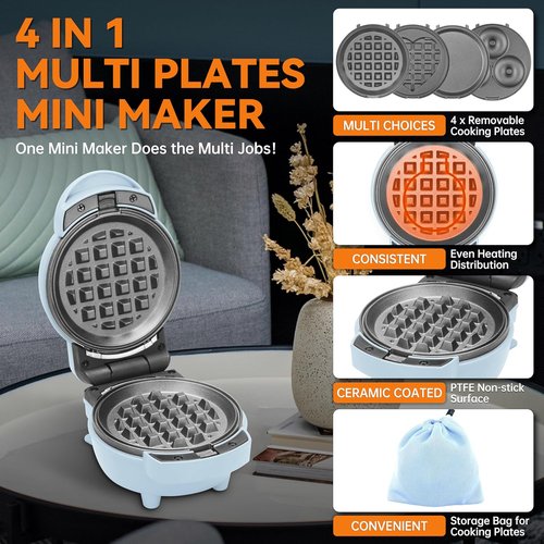 Baker's Friend Mini Waffle Maker - 4 in 1 with Removable Plates | Includes Pancake, Donut & Heart Shapes, Blue