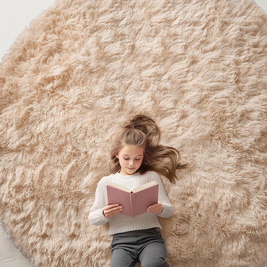 OLANLY Round Beige Area Rug - Soft, Machine Washable 8 ft Shaggy Carpet for Bedroom & Living Room Decor