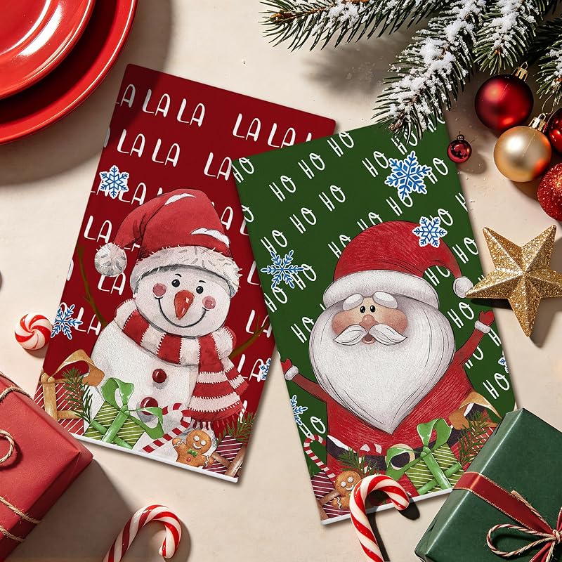 Christmas Kitchen Towels Set of 2 18x28in Snowman Santa - Red/Green Variation
