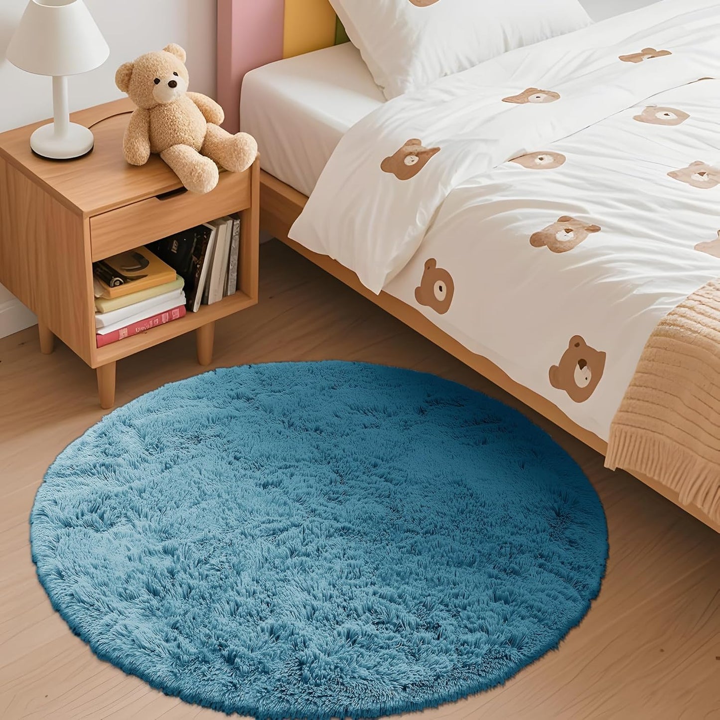 OLANLY Round Slate Blue Area Rug - Soft, Fluffy & Machine Washable 3 ft Circle Carpet for Bedroom & Living Room
