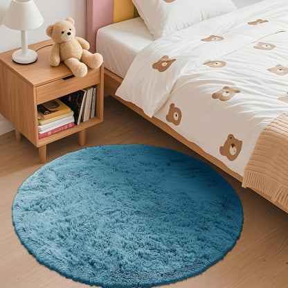 OLANLY Round Slate Blue Area Rug - Soft, Fluffy & Machine Washable 3 ft Circle Carpet for Bedroom & Living Room