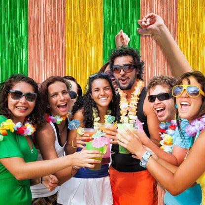 Hawaiian Party Decorations by [Brand Name] - 12 Pack Luau Backdrop Fringe Curtains | Metallic Green, Brown, Yellow 3.28 FT x 7.05 FT