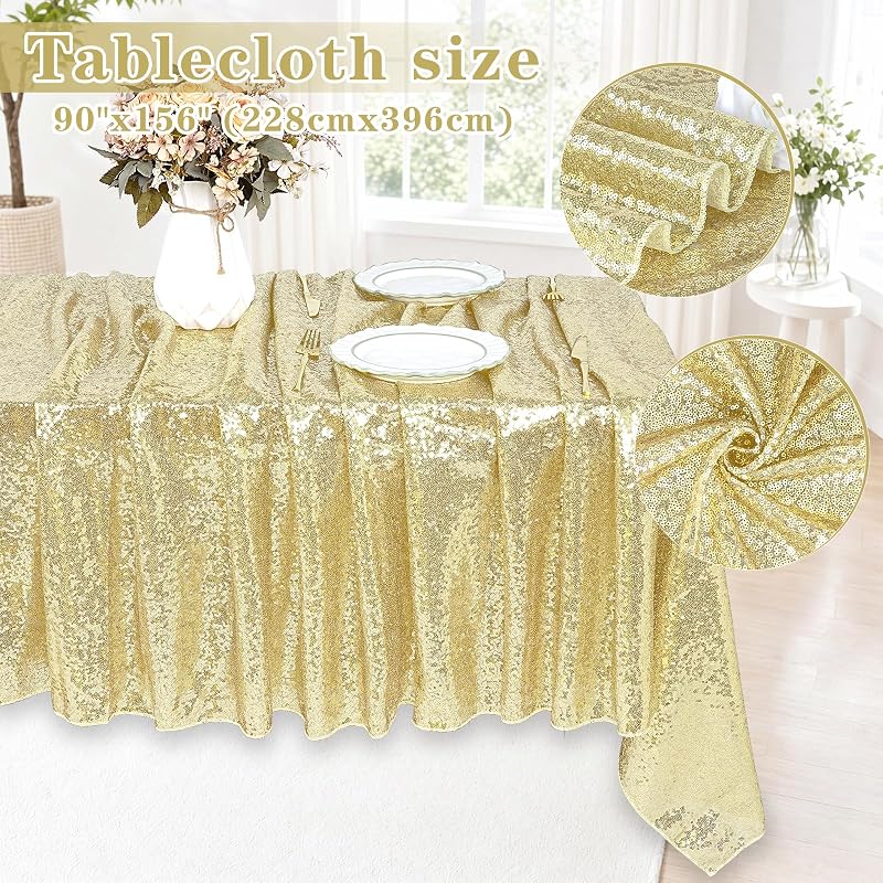 Light Gold Sequin Tablecloth Rectangular 90" x 156" - MoKoHouse Variation: Light Gold + 90" x 156"