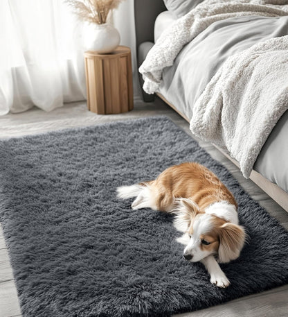 OLANLY Small Bedside Rug - Soft Fluffy Shaggy Carpet for Living Room & Bedroom | Machine Washable, Grey